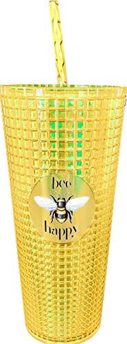 Image of Spoontiques - Diamond Tumbler - Textured Cup with Straw - Double Wall Insulated and BPA Free - 20 oz - Bee Diamond Cup