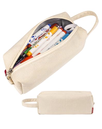 Image of Fmeida Pencil Case Pouch - Water Resistant Pencil Pouch Portable Pencil Bag Simple Office Supplies Stationery Pouch with Handle - Retro Beige