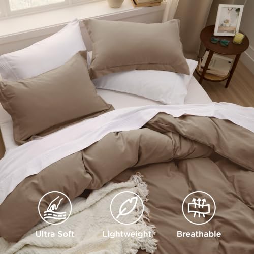 Image of Bedsure Brown Duvet Cover Full Size - 3 Pieces Prewashed Extra Soft Cotton-Like Polyester Bedding Set, Includes 1 Duvet Cover 80x90 Inches with Zipper Closure & 2 Pillow Shams, No Comforter