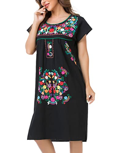 Image of YZXDORWJ Women Mexican Embroidered Long Dress Ruffle Collar Maxi Boho Floral Summer Short Sleeve