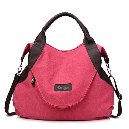 xiaoxiongmao Large Pocket Casual Women's Shoulder Cross body Handbags Canvas Leather Bags Rose red