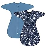 ZIGJOY Shark-Fin Transition Swaddle - 1.0 Tog Baby Sleep Sack Soft Cotton Transitional Swaddle Baby Wearable Blanket with 2-Way Zipper for All Seasons, Space&Blue, 6-12 Months