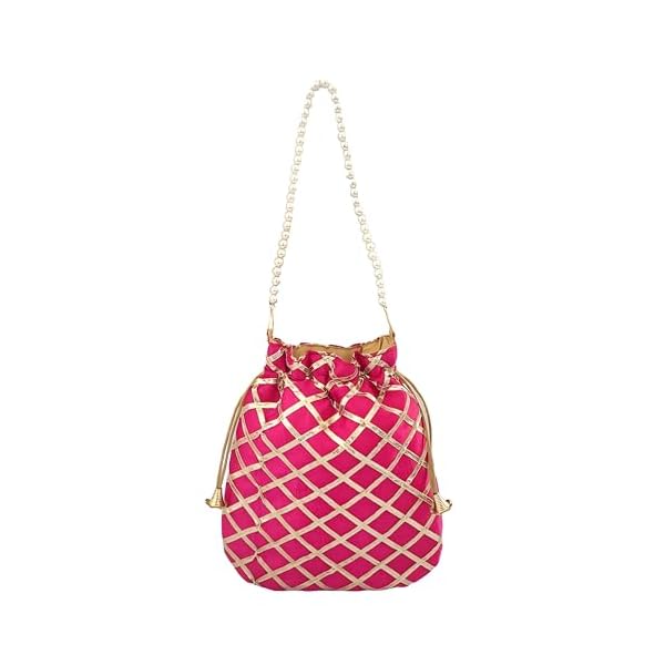 DUCHESS Women's Gota Patti Magenta Potli Bag Purse with Pearl Handle (Pack of 5) - Image 6