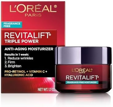 L'Oreal Paris Revitalift Triple Power Anti-Aging Face Moisturizer, Pro Retinol, Hyaluronic Acid & Vitamin C, Reduce Wrinkles, Fragrance Free 1.7 Oz