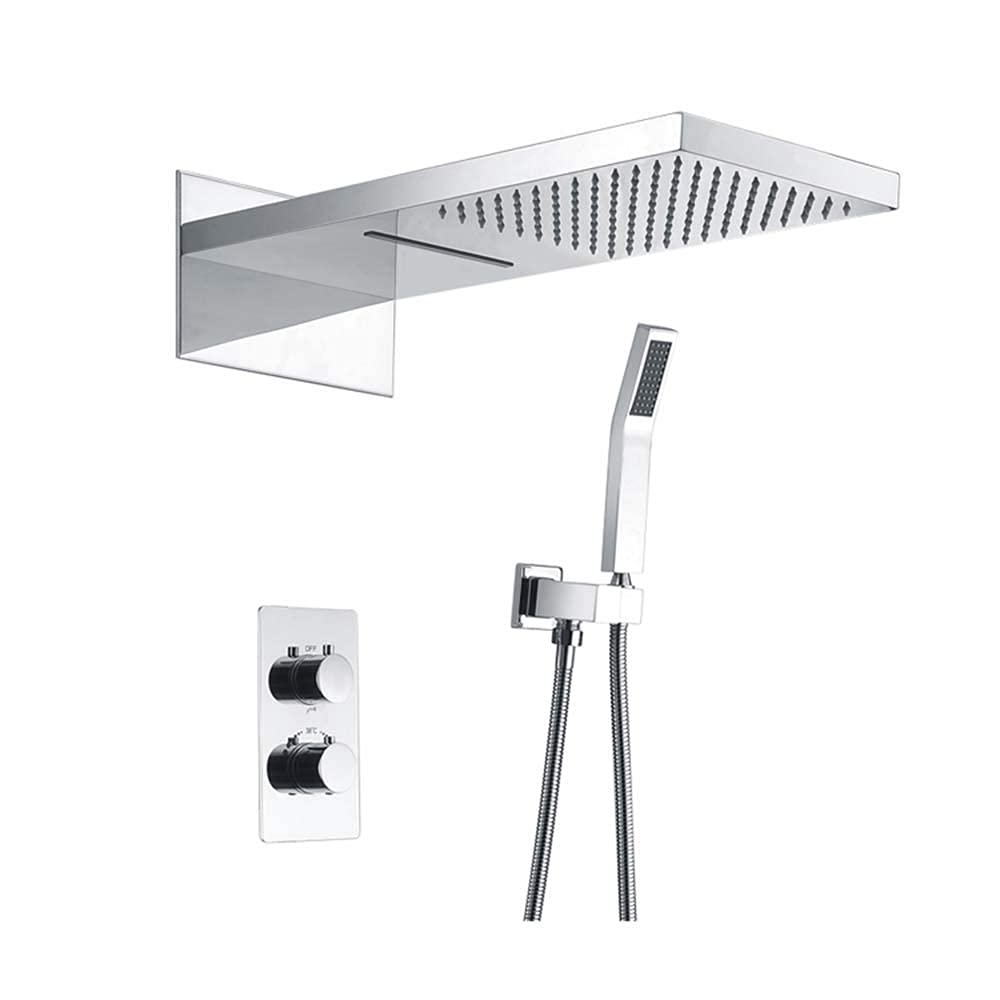 SnamicE Thermostatic Shower Mixer Faucet,Square Overhead Rain Shower, Wall Mounted Shower Combo Set,Height Adjustable Rainfall Shower Kit,