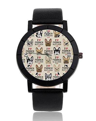 Preisvergleich Produktbild I Love French Bulldog Personalisierte personalisierte Armbanduhr Casual Schwarz Lederband Armbanduhr für Männer Frauen Unisex Uhren