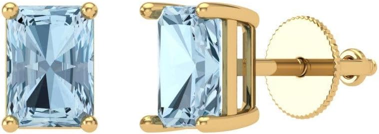1.94cttw Emerald Cut Solitaire Natural Light Sea Blue Aquamarine Unisex pair of Stud Earrings 14k Yellow Gold Screw Back