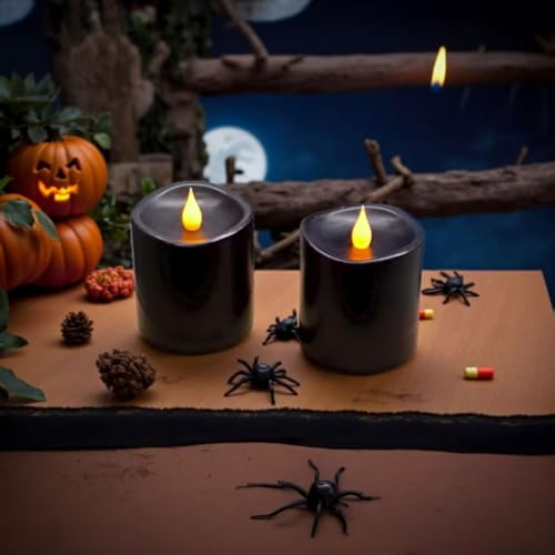 Image of Black Flameless LED Candles 3 inch Diameter Real Wax 2AA Battery Operated 600hr+ Flickering Candles with Timer Remote Control for Halloween Thanksgiving Christmas Indoor (Black, 3″x3″- 2 PCS)