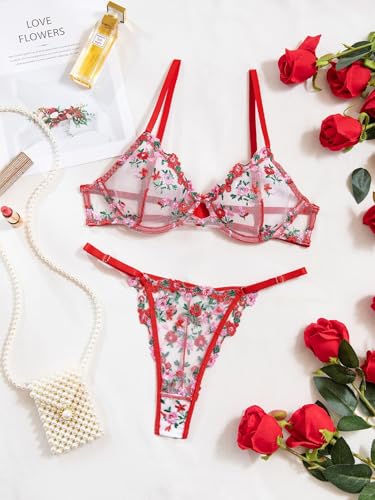 Image of Lilosy Sexy Floral Embroidered Mesh Sheer Underwire Lingerie Set