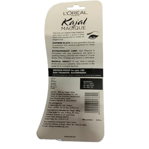 Image of L'Oreal Paris Kajal, Waterproof Eyeliner, 14 Hours of Smudge-Proof Wear, With Vitamin E, Cocoa Butter, Olive Oil Esters and Vitamin C, Magique, Colour: Supreme Black. 0.35g