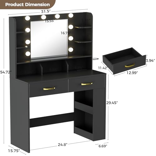 Image of COMHOMA Vanity Desk with Mirror and Light, Small Makeup Vanity with Storage Drawers & Power Outlet, 3 Lighting Modes & Adjustable Brightness, Dressing Table for Women Girls Bedroom, Black