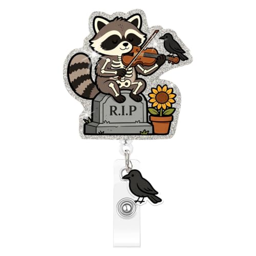 Halloween Badge Reel Skeleton Raccoon Playing Violin on Tombstone Designs Cute Name ID Nurse Badge Holder Acrylic Retractable Alligator Clip Spooky Halloween Badge Reel for Nurse Staff