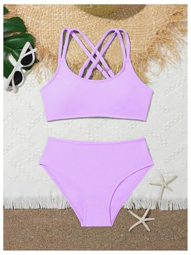 Image of Milumia Girl's 2 Piece Swimsuits Criss Cross Spaghetti Strap Bikini Sets Beachwear Bathing Suit Mauve Purple 9 Years