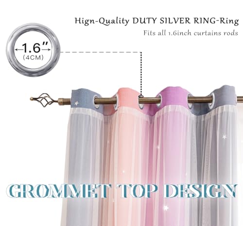 Image of Yancorp Curtains for Girls Bedroom Kids Curtain Hollow-Out Star Window Nursery Curtain 63 inches Length Room Darkening Grommet 2 Layers (Purple Pink Grey, W34 X L63)