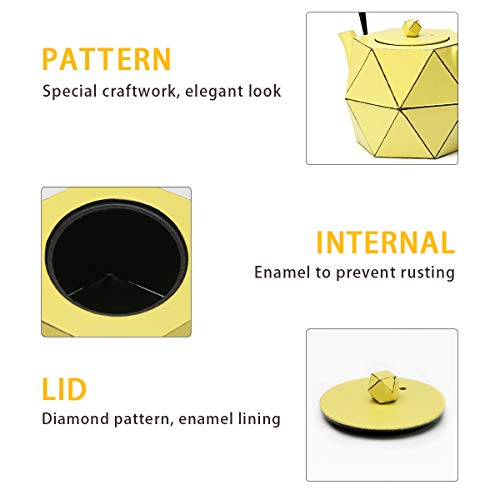 Tea Kettle, TOPTIER Japanese Cast Iron Teapot with Stainless Steel Infuser, Cast Iron Tea Kettle Stovetop Safe, Diamond Design Teapot Coated with Enameled Interior for 40 oz (1200 ml), Yellow - Thumbnail 2