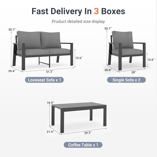 Image of UDPATIO Aluminum Outdoor Patio Furniture Set 4-Seat Metal Patio Conversation Sets with Coffee Table and Water-Resistant Cushions, Modern Patio Sectional Sofa for Porch, Deck, Backyard, Poolside
