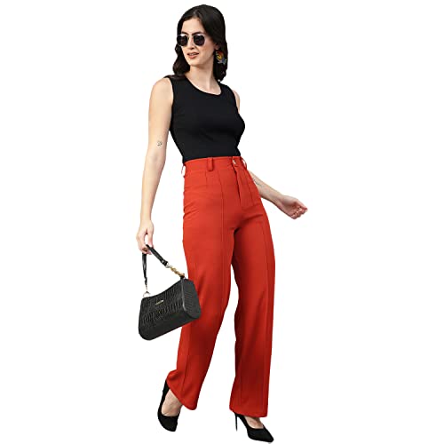 Image of KOTTY Women Polyester Blend Orange Solid Trousers(Red Orange,30)