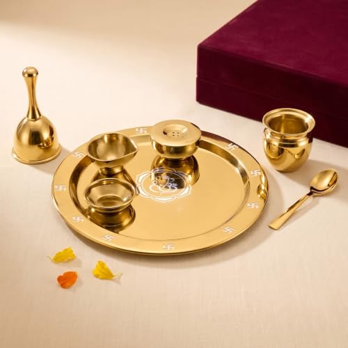 Best Puja Thali Sets: Stainless Steel vs Brass 7 Parage 7 Pcs Stainless Steel Gold Pooja Thali Set with Velvet Gif...
