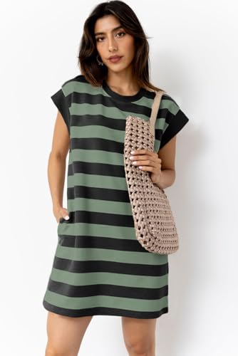 Image of AlvaQ Womens Striped Summer Dresses 2025 Crewneck Cap Sleeve Color Block Casual A Line Tshirt Dress with Pockets