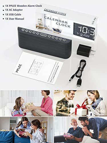 Dual Wooden Alarm Clock For Bedroom,Digital Clock With Weekday /Weekend/Every Day/One Day,Humidity&Temperature,Date,Time,Week,Brightness,Snooze,Phone Charger,Wood Led Desk Clock For Office Home Travel #TOP7