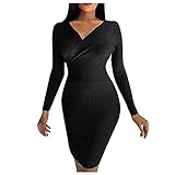 Graceyo Winter Knielang Strick Minikleider Damen Sexy Tief V Ausschnitt Bodycon Enges Wickelkleid Festkleid Langarm Hohe Taille Strickkleid Winterkleid Kurz Partykleid Pulloverkleid