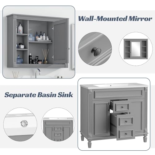 Linique 36\'\' Bathroom Vanity with Top Sink,Royal Blue Mirror Cabinet, Modern Bathroom Storage Cabinet with 2 Soft Closing Doors and 2 Drawers,Single Sink Bathroom Vanity,Bathroom Furniture Set(Grey) - Thumbnail 5