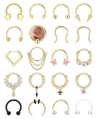 BESTEEL 20Pcs Gold Septum Rings 16G Small Septum Jewelry Surgical Steel Septum Clicker Dangle Nose Rings Hoops for Women Men Cute Star Bee CZ Heart Butterfly Chain Septum Rings Septum Piercing Jewelry
