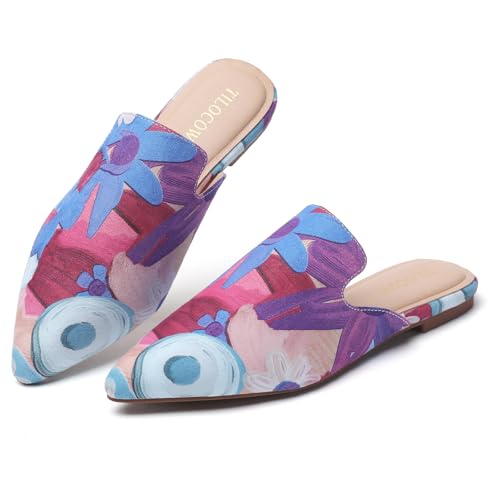 Image of Tilocow Women's Pointed Toe Flat Mules Backless Slip On Loafers