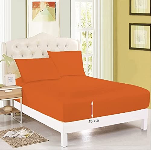 ROOEE Fitted Sheet: Extra Deep Fitted Sheet Cover with Elastic Edges.. Anti-Wrinkle Plain Bedding . 16”/40cm Size, Poly Cotton, Single,Double,King, Super King Bed Sheets. (Color Orange Size SuperKing)