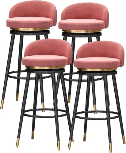 Juego de 4 taburetes giratorios de bar, altura de mostrador, respaldo bajo, reposapiés, terciopelo de lujo, patas de metal negro, ideal para isla de cocina o bar en casa
