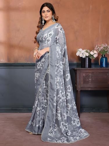 Image of Satrani Women's Georgette Floral Printed Saree with Unstitched Blouse Piece