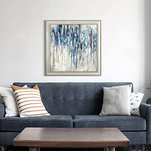 Blue Abstract Framed Wall Art: Large Teal Modern Painting Contemporary Navy Picture Minimalist Colorful Vertical Textured Prints Silver Glitter Gallery Artwork For Bedroom Living Room Home Office #TOP3