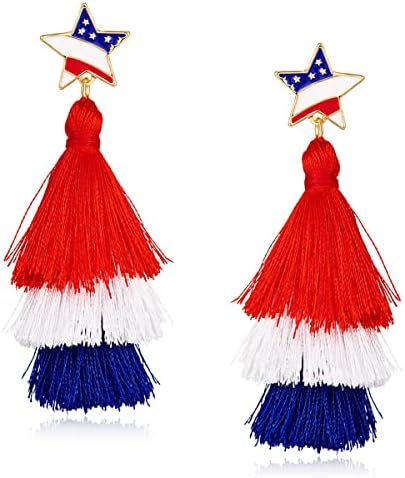 VEDAIM Colorful Layered Tassel Earrings American Flag Earrings 4th of July Earrings Patriotic Star Earring for Independence Day Gift