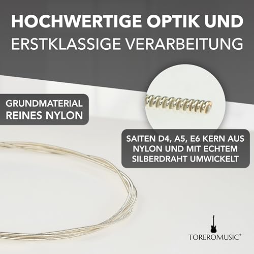 TOREROMUSIC® - Gitarrensaiten Konzertgitarre. Nylon und Silber. Premium Nylon-Saiten für Akustikgitarre, Konzertgitarre und Klassische Gitarre (6-Saiten-Set), inkl. 3 Plektren