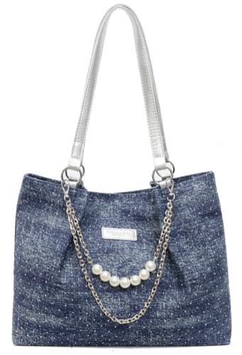 Shiny Denim Underarm Bag for Women Trendy Beauty Bead Chain Shoulder Bag Outdoor Commuter Travel Handbag 2025