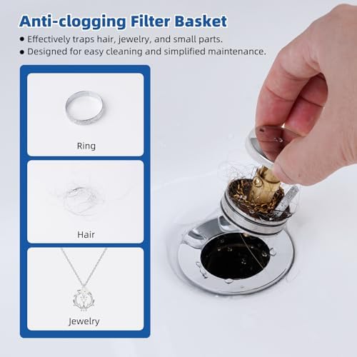 Hibbent Universal Metal Bathroom Sink Drain Stopper, Pop Up Drain Strainer for Lavatory Vanity Vessel Sink with Overflow and Without Overflow, Anti-Clogging Stainless Steel Strainer Basket, Chrome - 3