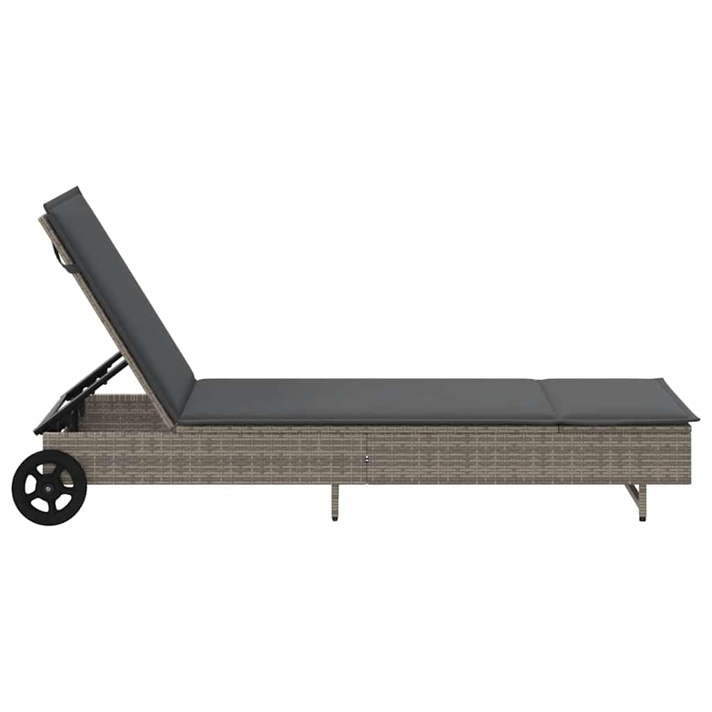 Lettino prendisole con ruote e cuscino, grigio polyrattan, 1 pezzo, schienale regolabile, in rattan PE di facile manutenzione, per giardino, balcone o terrazza, con imbottitura