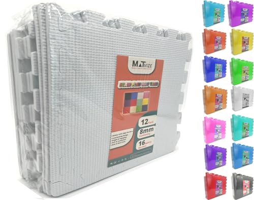 MATVIZE Eva Foam Baby Play Mat – 12Pcs (29x29cm) 8mm Thick Soft White Interlocking Floor Tiles, Waterproof, Non-Slip, Safe & Comfortable Matting for Kids, Child’s play (White, 12 Pack)