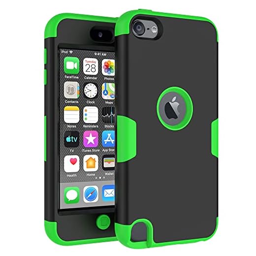 Callyue iPod Touch Case Compatible Apple iPod Touch 5th 6th & 7th Generation , PC + Silicone 2-in-1 Cover Protective Case for iPod Touch 7 / 6 / 5 - Black + Grass Green