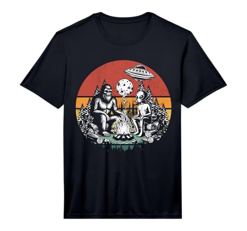 Outdoor Camping UFO Funny Retro Bigfoot and Alien Campfire Performance T-Shirt