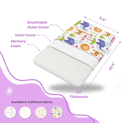 Image of Premium Memory Foam Toddler Thin Pillow | Head, Neck & Back Support | Washable Removable Cover | Ideal for Sleeping, Reading & Resting | Age 2 to 9 Year | 18.5x12.5x2.5in | Animal Print