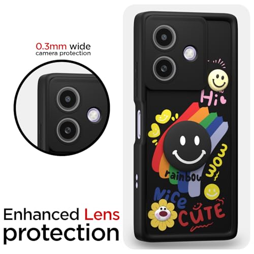 Image of Pikkme Back Cover for Oppo A3x 5G / A3x 4G / A3 5G | Soft Silicone| Cute Rainbow Smile & 3D Cartoon Flower Design | Shockproof Raised Camera Protection Bumper Case (Black)