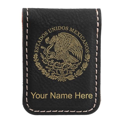 LaserGram Slim Magnetic Money Clip, Flag of Mexico, Personalized Engraving Included (Black with Gold)