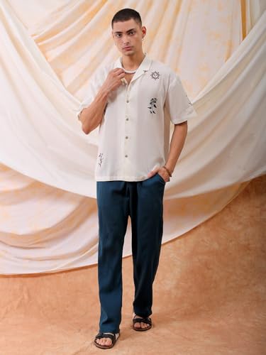 Image of The Indian Garage Co Men Relaxed Fit Placement Embroidered Half Sleeves Cuban Collar Resort Wear Shirt