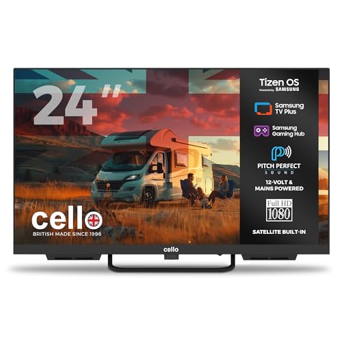Cello Ctrav-24TZ 24 Tizen OS Smart LED 12V Traveller TV By Samsung Built in Satellite Gaming Hub Pitch Perfect Speakers Bluetooth Netflix UK Made ideal for Motorhomes HGVs & Boats