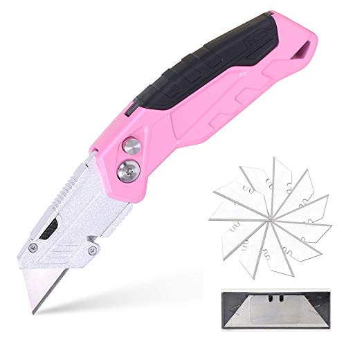 TOPLINE Pink Folding Utility Knife, Folding Pocket Box Cutter with Quick Change Mechanism, Blade Storage Design, 14-Piece SK5 Blades and a Dispenser Included (1-Pack Folding Utility Knife)