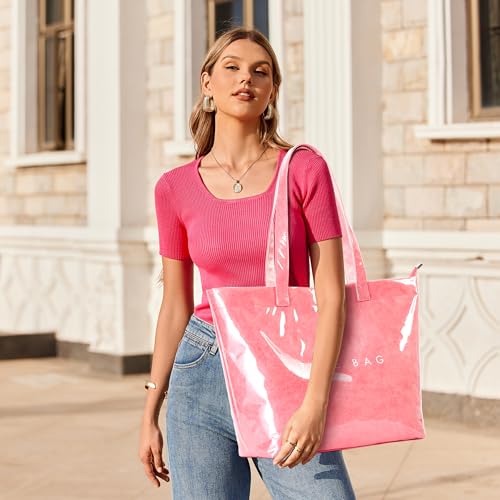 Image of KALIDI PVC Zipper Tote Bag, Jelly Kraft Paper Beach Bag Large Hobo Carry All Travel Shopping Handbag Plastic Shoulder Bag