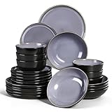 Homikit Geschirrset 6 Personen, 24-tlg Steinzeug Geschirr set, Reaktive Glasur Tafelservice mit Speiseteller Dessertteller Suppenteller, Müslischalen, Mikrowellen & Spülmaschinenfest, Schiefergrau