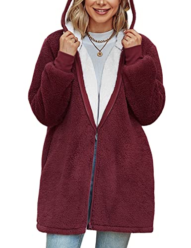 TOMEEK Women's Oversized Hoodie Coat Zip Up Jacket Cardigan Wearable Sweatshirt Hoodie Winter Warm Fleece Lined Hooded Coat Fleece Blanket with Pocket, Wine Red, Size XL
