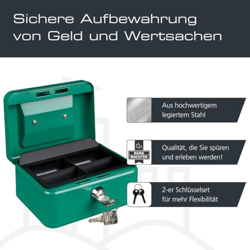Burg-Wächter Geldkassette abschließbar mit Schlüssel und Hartgeldeinsatz, Klein, Stahlblech, Money 5015, Türkis-Grün